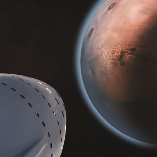 Artist rendering of spacecraft heading towards a planet