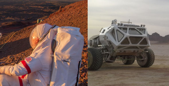 Image of astronaunt looking at mars like landscape on earth and rover