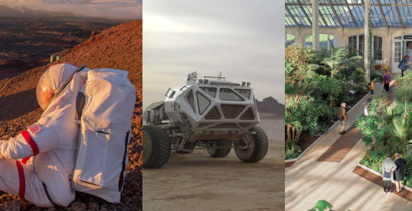 Image of astronaunt looking at mars like landscape on earth, rover, and greenhouse